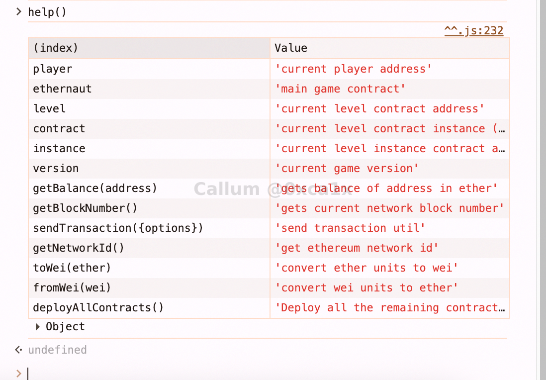 Ethernaut help output