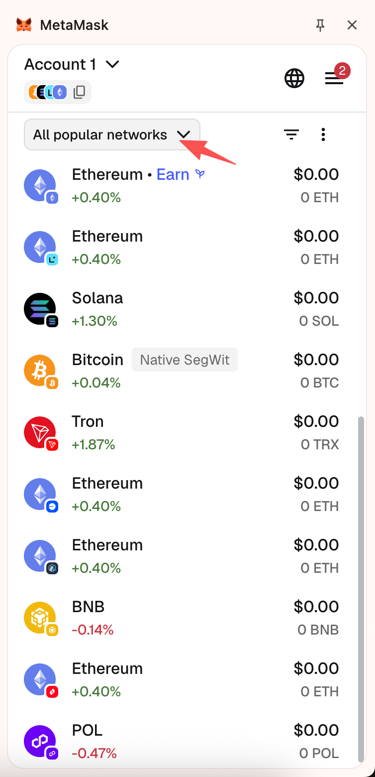 打开 MetaMask 网络选择器