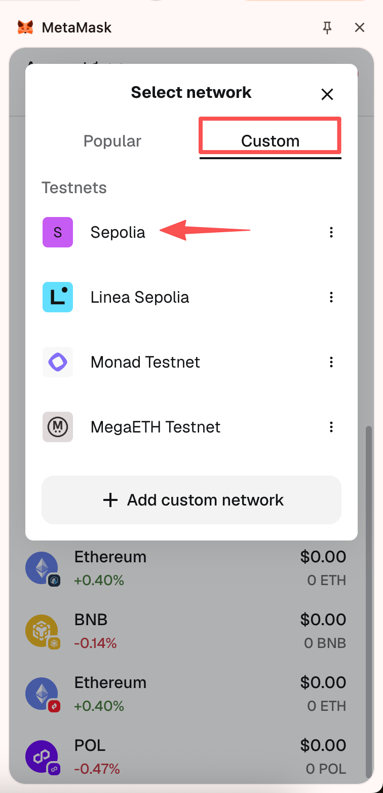 在 MetaMask 中选中 Sepolia